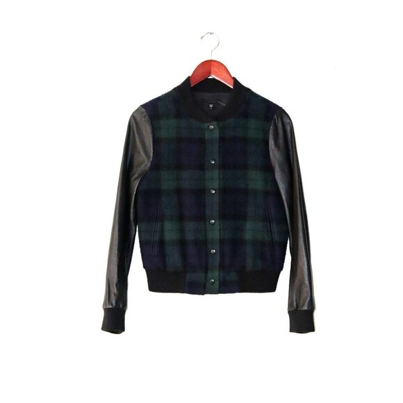 Joe's Jeans Women's Small Black Green Varsity Jacket Plaid Leather Moto Bomber - Picture 2 of 9